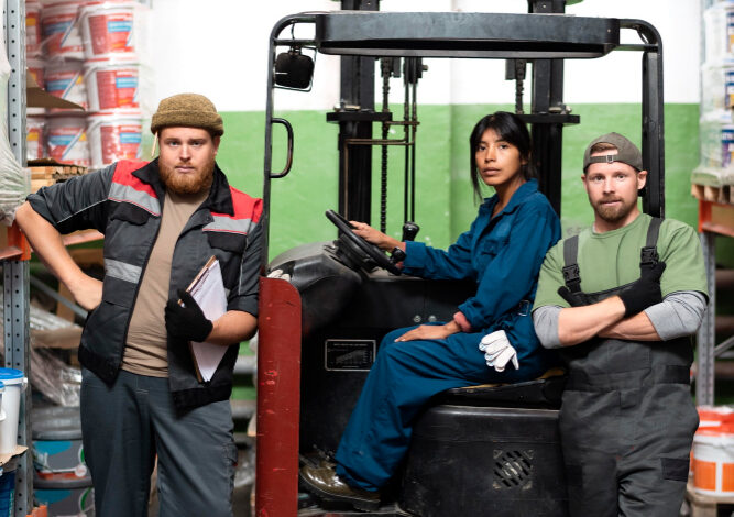 electric pallet truck being used by workers in warehouse