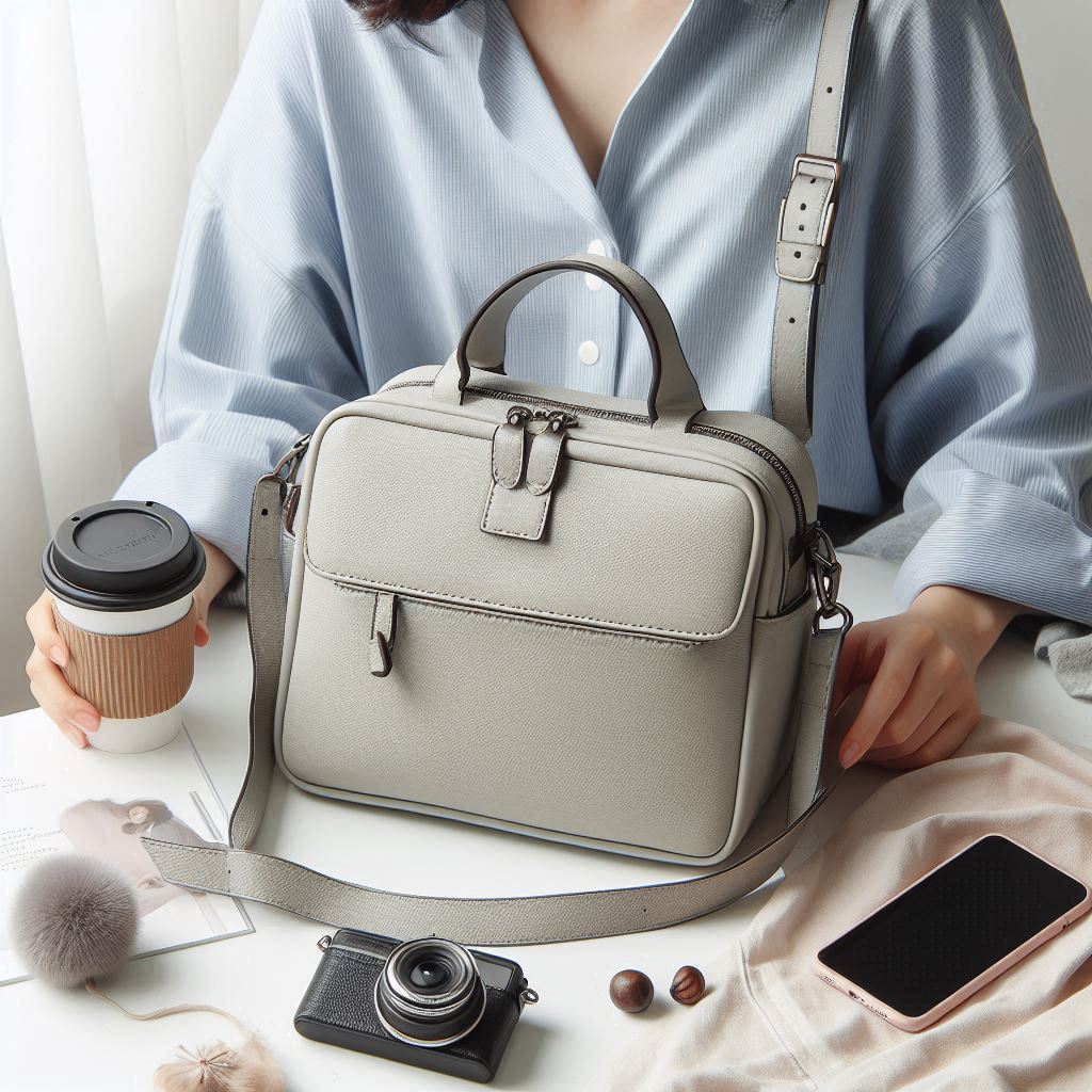 A woman wearing a white shoulder bag while sitting at a table and holding a cup in 1 hand, signifying the practicality of shoulder bags.